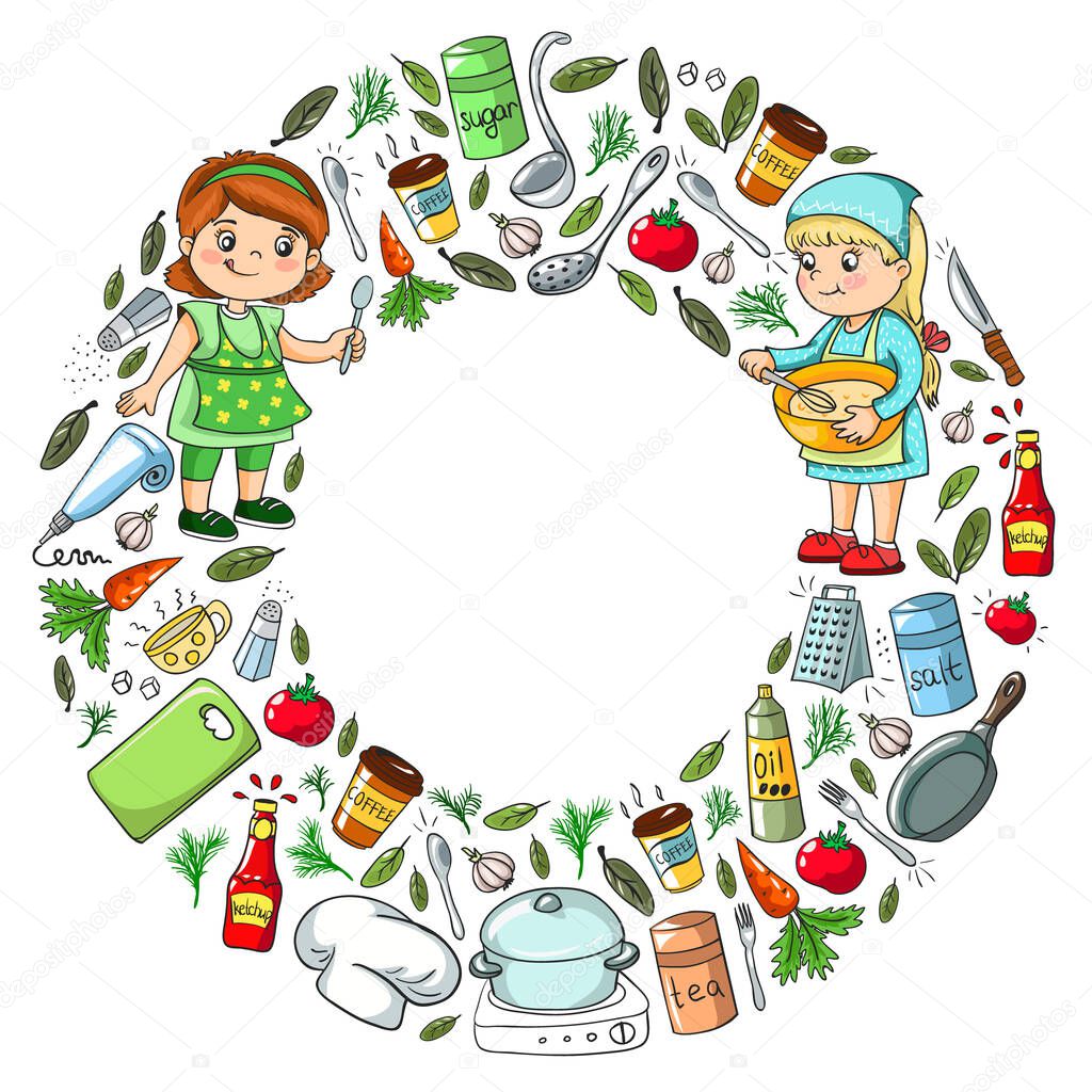 Kindergarten pattern with funny kids drawing. Vector illustration.