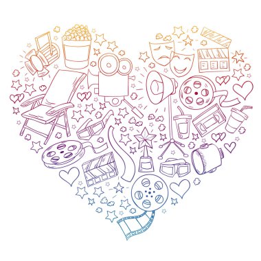 Sinema simgeleri ile vektör deseni. Sinema, Tv, patlamış mısır, video klipler, müzikal