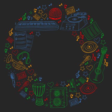 Müzikal enstrümanlı vektör deseni. Rock, caz, disko, karaoke. Modern ve klasik müzik. Doodle biçim simgeleri.