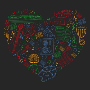 Müzikal enstrümanlı vektör deseni. Rock, caz, disko, karaoke. Modern ve klasik müzik. Doodle biçim simgeleri.