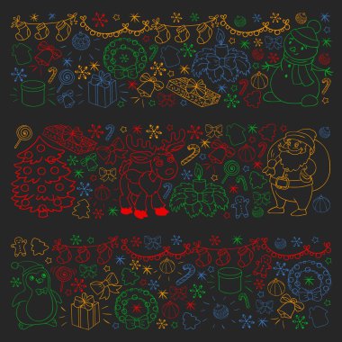 Mutlu Noeller ve mutlu yıllar. Noel Baba, geyik, kardan adam, penguen. Vektör deseni.