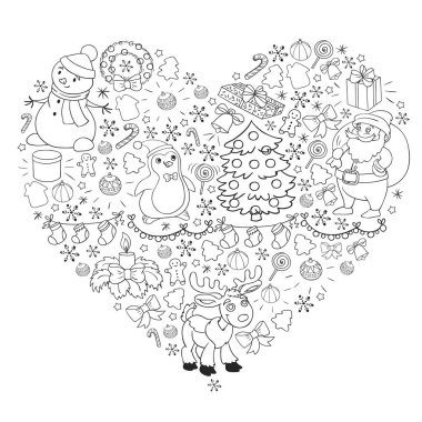 Mutlu Noeller ve mutlu yıllar. Noel Baba, geyik, kardan adam, penguen. Vektör deseni.