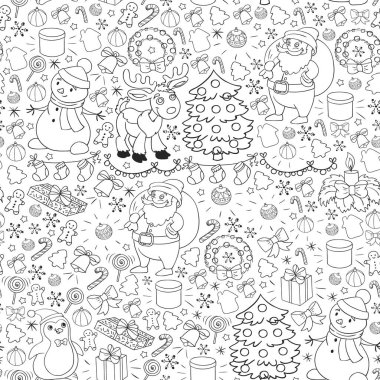 Mutlu Noeller ve mutlu yıllar. Noel Baba, geyik, kardan adam, penguen. Vektör deseni.