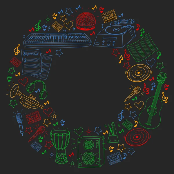 Padrão vetorial com instrumentos musicais. Rock, jazz, discoteca, karaoke. Música moderna e clássica. Ícones de estilo Doodle . — Vetor de Stock