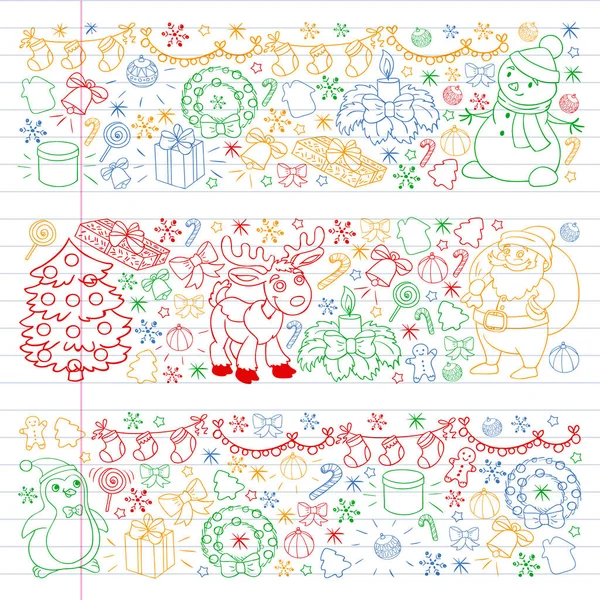 Merry Christmas and happy new year. Santa Claus, deer, snowman, penguin. Vector pattern. — Stock Vector