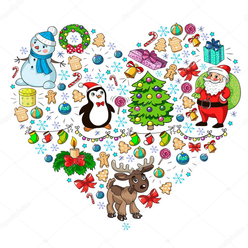 Merry Christmas and happy new year. Santa Claus, deer, snowman, penguin. Vector pattern.