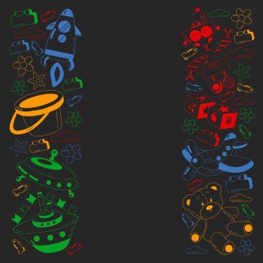 Oyuncaklarla anaokulu vektör deseni. Çocuklar birlikte oynar ve büyür..