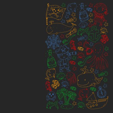 Korsan partisi. Küçük çocuklar için çizimler. Hazine adası, ahtapot, korsanlar ile Çocuk doğum günü kutlaması