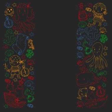 Korsan partisi. Küçük çocuklar için çizimler. Hazine adası, ahtapot, korsanlar ile Çocuk doğum günü kutlaması