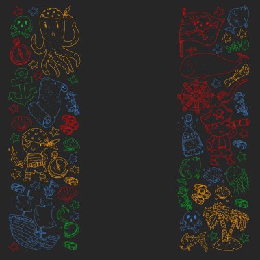 Korsan partisi. Küçük çocuklar için çizimler. Hazine adası, ahtapot, korsanlar ile Çocuk doğum günü kutlaması