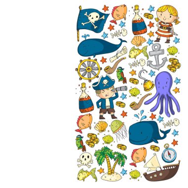 Korsan partisi. Küçük çocuklar için çizimler. Hazine adası, ahtapot, korsanlar ile Çocuk doğum günü kutlaması