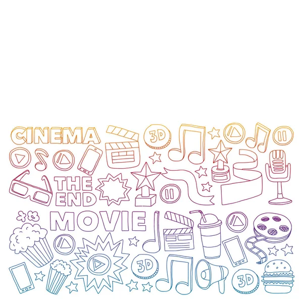 Ícones vetoriais de cinema. Fundo com pipoca, ilustração do filme, notas musicais. — Vetor de Stock