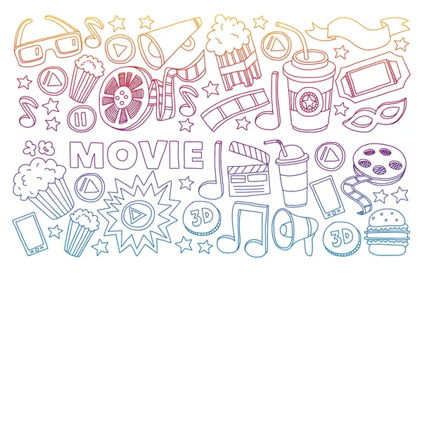 Cinema vector iconen. Achtergrond met popcorn, film illustratie, muzikale noten. — Stockvector