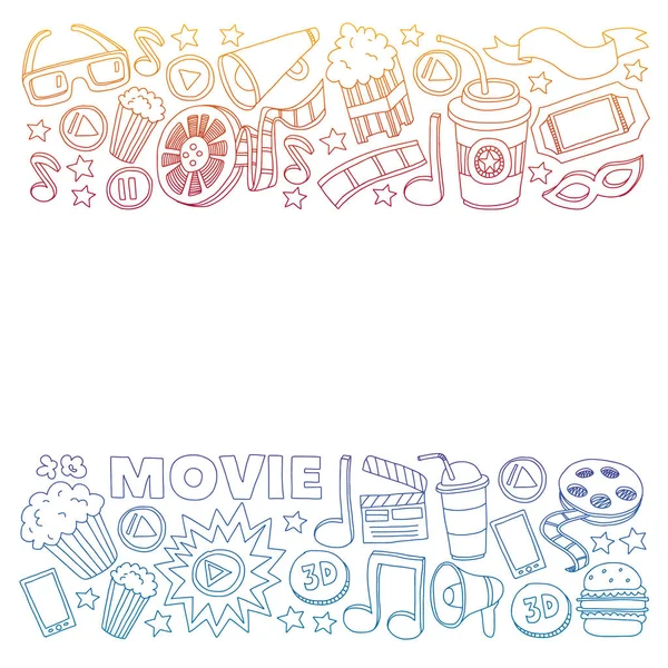 Iconos vectoriales de cine. Fondo con palomitas de maíz, ilustración de películas, notas musicales . — Archivo Imágenes Vectoriales