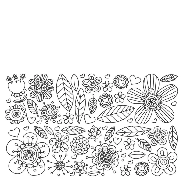 Modèle vectoriel avec des fleurs et des feuilles doodle — Image vectorielle