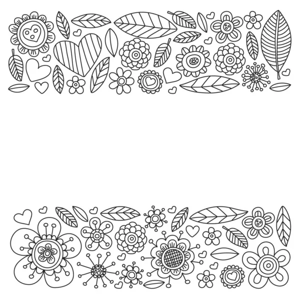 Vector patroon met doodle bloemen en bladeren — Stockvector