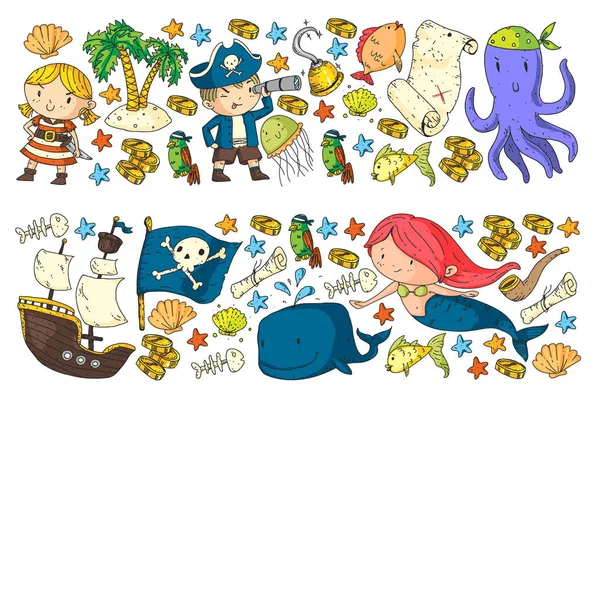 Festa de piratas. Ilustrações para crianças pequenas. Celebração de aniversário de crianças com ilha do tesouro, polvo, piratas —  Vetores de Stock