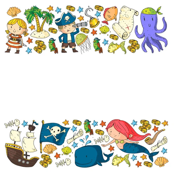 Fiesta de piratas. Ilustraciones para niños pequeños. Celebración del cumpleaños de los niños con isla del tesoro, pulpo, piratas — Vector de stock