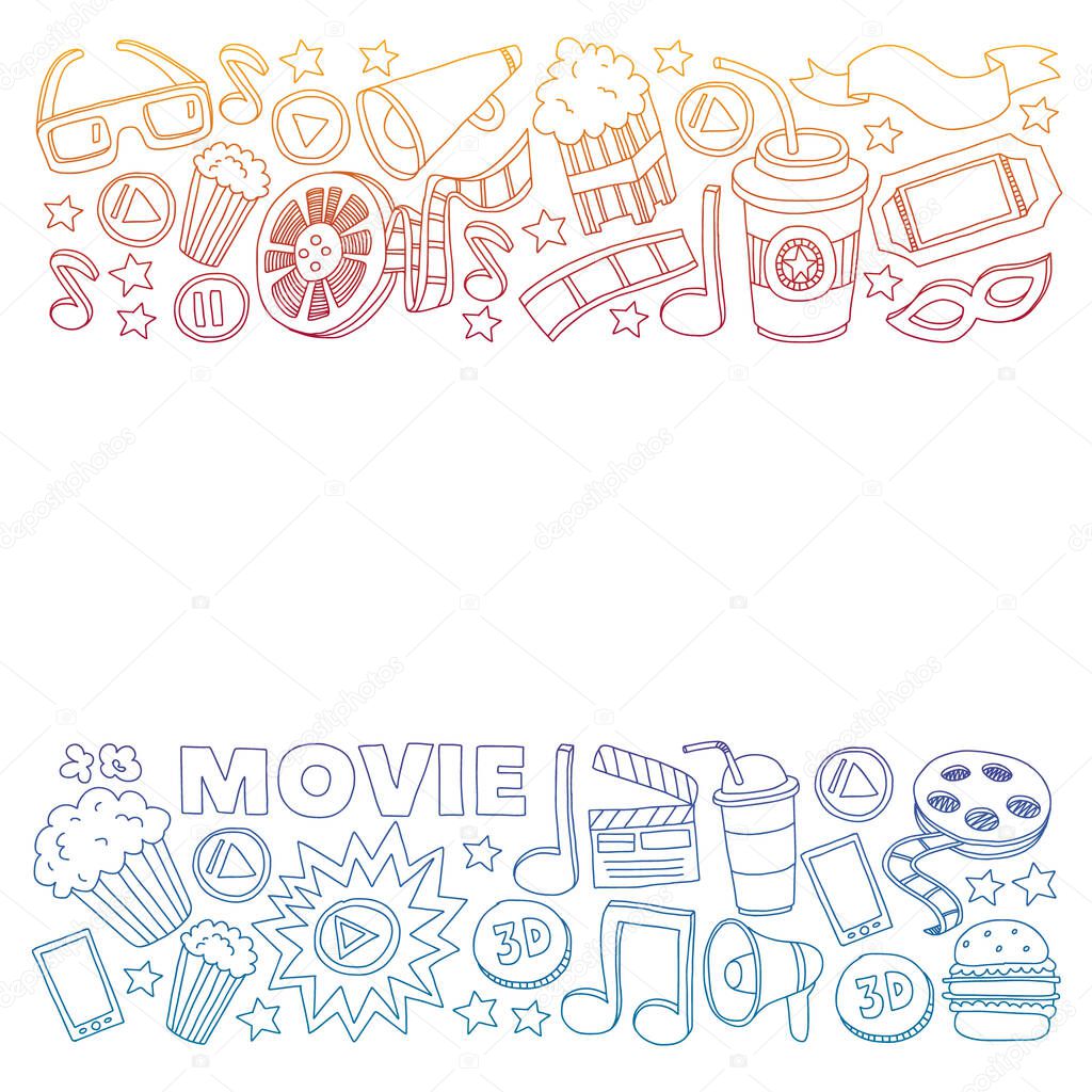Cinema vector icons. Background with popcorn, movie illustration, musical notes.
