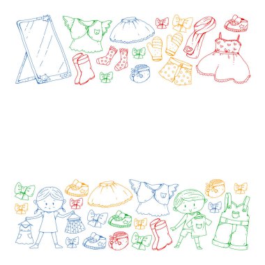 Çocuk kıyafetleri. Bebekler için arka plan, çocuk kalıpları.