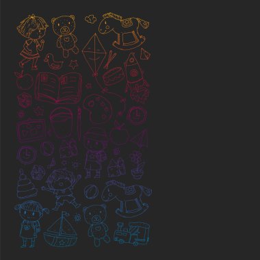 Anaokulu oyuncakları ile. Çocuklar için şablon. Küçük okul öncesi çocuklar eğitim. Oyun çizim, öğrenme,