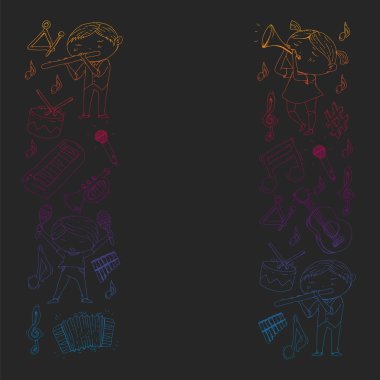 Kalıplar için müzik. Müzik aletleri ile vektör illüstrasyonu. Karaoke, müzikal, parti