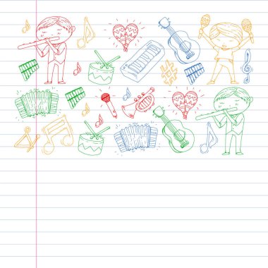 Müzik arka plan desenleri için. Müzik aletleri ile vektör çizim.