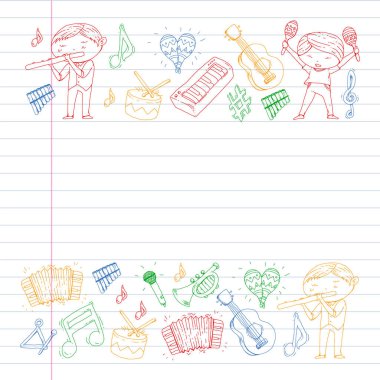 Müzik arka plan desenleri için. Müzik aletleri ile vektör çizim.