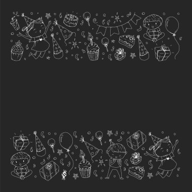 Mutlu oğlanlar ve kızlar. Küçük anaokulu anaokulu çocukları. Doğum günü partisi kutlaması. Afiş, afiş, davetiye için simgeler.