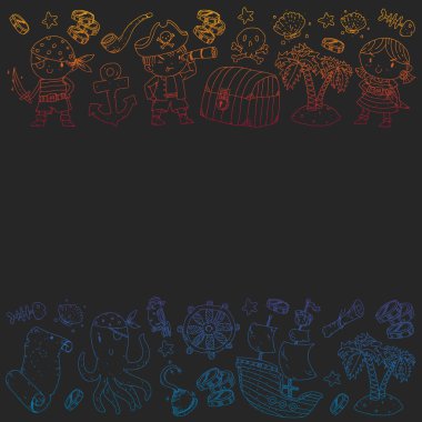 Korsan partisi. Küçük çocuklar için çizimler. Hazine adası, ahtapot, korsanlar ile Çocuk doğum günü kutlaması