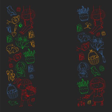 Paskalya ve bahar elemanları ile vektör deseni. Sepette yumurta, tavşan, çiçekler, kuşlar