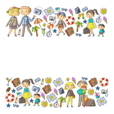 Seyahat ve plaj simgeleri ile Vektör desen. Küçük çocuklu ebeveynler. Çocuklar yaz tatili.