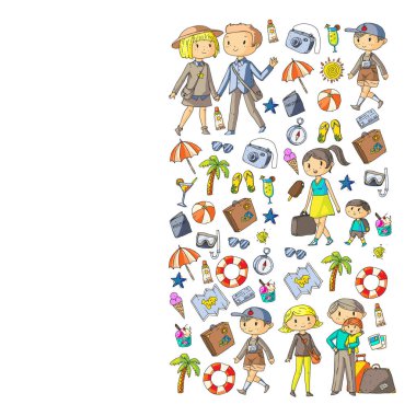 Seyahat ve plaj simgeleri ile Vektör desen. Küçük çocuklu ebeveynler. Çocuklar yaz tatili.