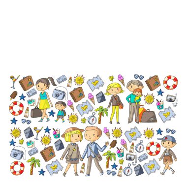 Seyahat ve plaj simgeleri ile Vektör desen. Küçük çocuklu ebeveynler. Çocuklar yaz tatili.