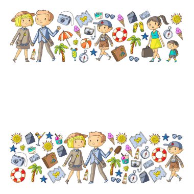 Seyahat ve plaj simgeleri ile Vektör desen. Küçük çocuklu ebeveynler. Çocuklar yaz tatili.
