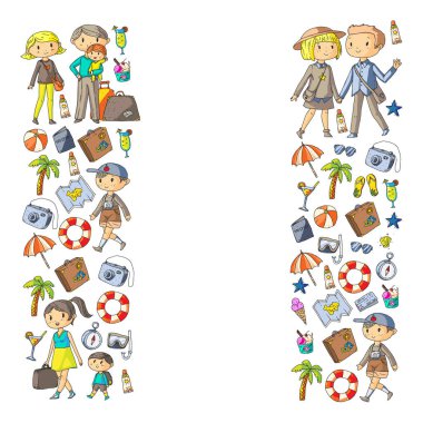 Seyahat ve plaj simgeleri ile Vektör desen. Küçük çocuklu ebeveynler. Çocuklar yaz tatili.