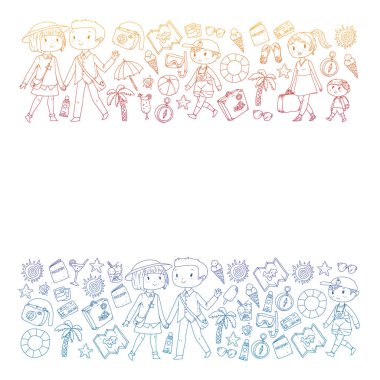 Seyahat ve plaj simgeleri ile Vektör desen. Küçük çocuklu ebeveynler. Çocuklar yaz tatili.