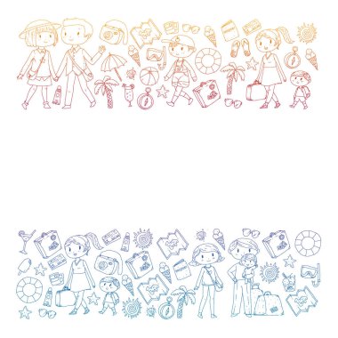 Seyahat ve plaj simgeleri ile Vektör desen. Küçük çocuklu ebeveynler. Çocuklar yaz tatili.