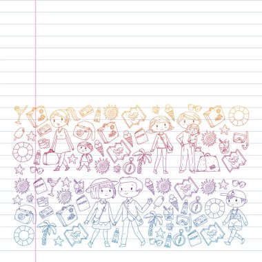 Seyahat ve plaj simgeleri ile Vektör desen. Küçük çocuklu ebeveynler. Çocuklar yaz tatili.