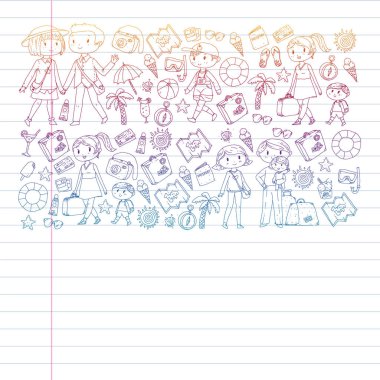 Seyahat ve plaj simgeleri ile Vektör desen. Küçük çocuklu ebeveynler. Çocuklar yaz tatili.