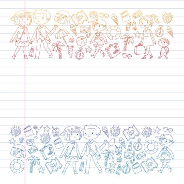 Seyahat ve plaj simgeleri ile Vektör desen. Küçük çocuklu ebeveynler. Çocuklar yaz tatili.