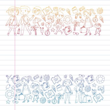 Seyahat ve plaj simgeleri ile Vektör desen. Küçük çocuklu ebeveynler. Çocuklar yaz tatili.