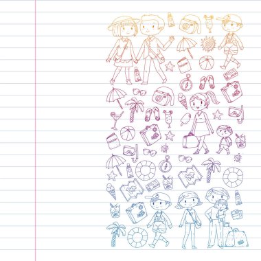 Seyahat ve plaj simgeleri ile Vektör desen. Küçük çocuklu ebeveynler. Çocuklar yaz tatili.