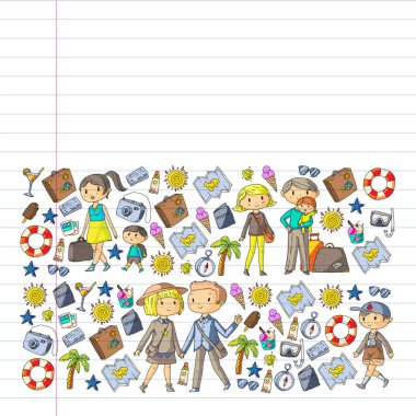 Seyahat ve plaj simgeleri ile Vektör desen. Küçük çocuklu ebeveynler. Çocuklar yaz tatili.