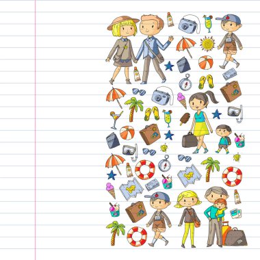 Seyahat ve plaj simgeleri ile Vektör desen. Küçük çocuklu ebeveynler. Çocuklar yaz tatili.