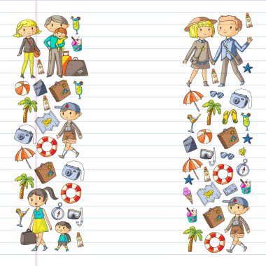 Seyahat ve plaj simgeleri ile Vektör desen. Küçük çocuklu ebeveynler. Çocuklar yaz tatili.