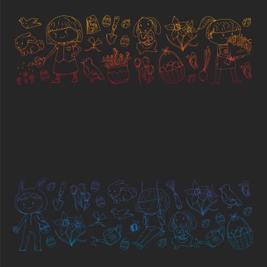 Paskalya ve bahar elemanları ile vektör deseni. Sepette yumurta, tavşan, çiçekler, kuşlar