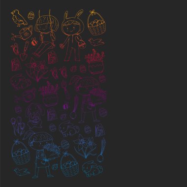 Paskalya ve bahar elemanları ile vektör deseni. Sepette yumurta, tavşan, çiçekler, kuşlar