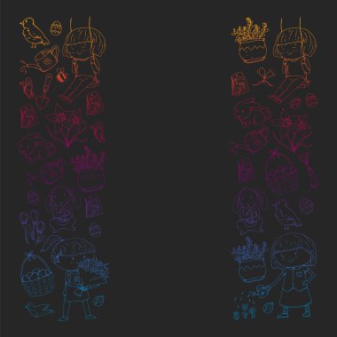 Paskalya ve bahar elemanları ile vektör deseni. Sepette yumurta, tavşan, çiçekler, kuşlar