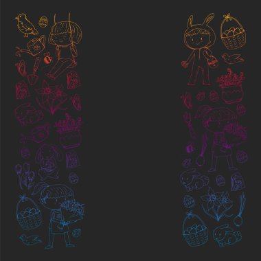 Paskalya ve bahar elemanları ile vektör deseni. Sepette yumurta, tavşan, çiçekler, kuşlar